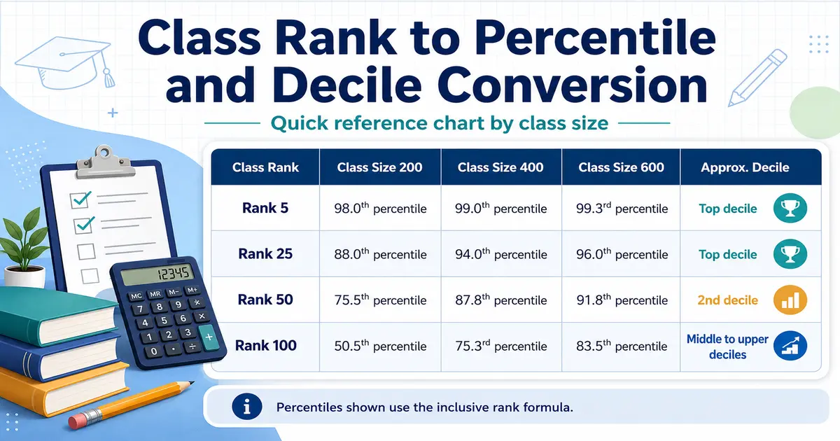 Class rank to percentile and decile conversion chart by class size.