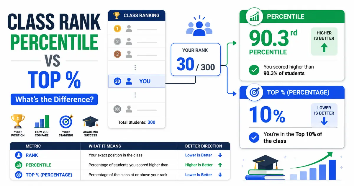 Comparison of class rank percentile, percentage, and top percent definitions