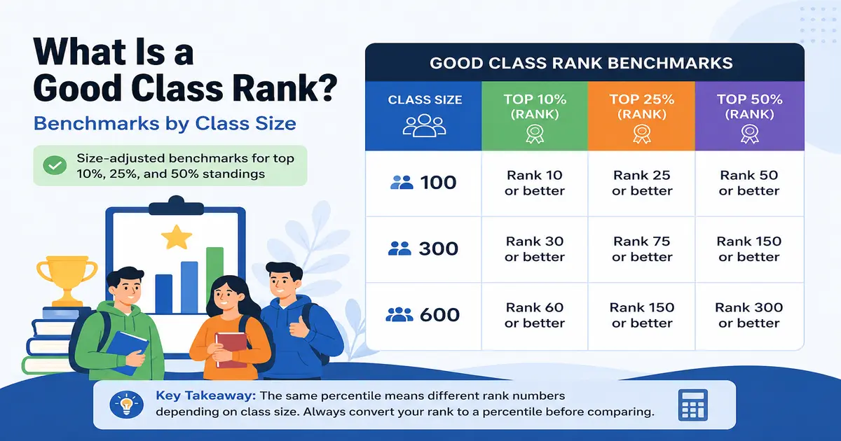 Good class rank benchmarks by class size, top 10, 25, and 50 percent.