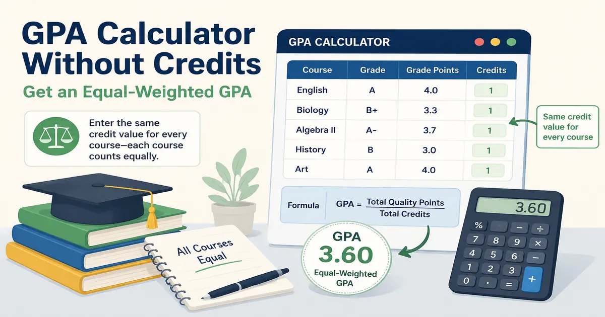 GPA calculation without credit hours using equal weighting.