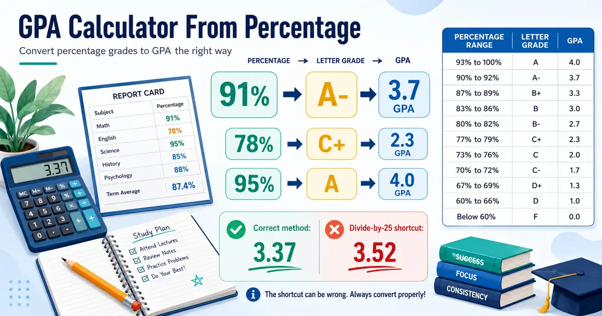 Percentage to GPA conversion table and letter grade bands