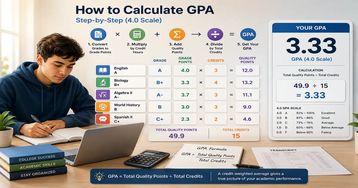 GPA grade point scale and worked calculation example on the 4.0 scale.